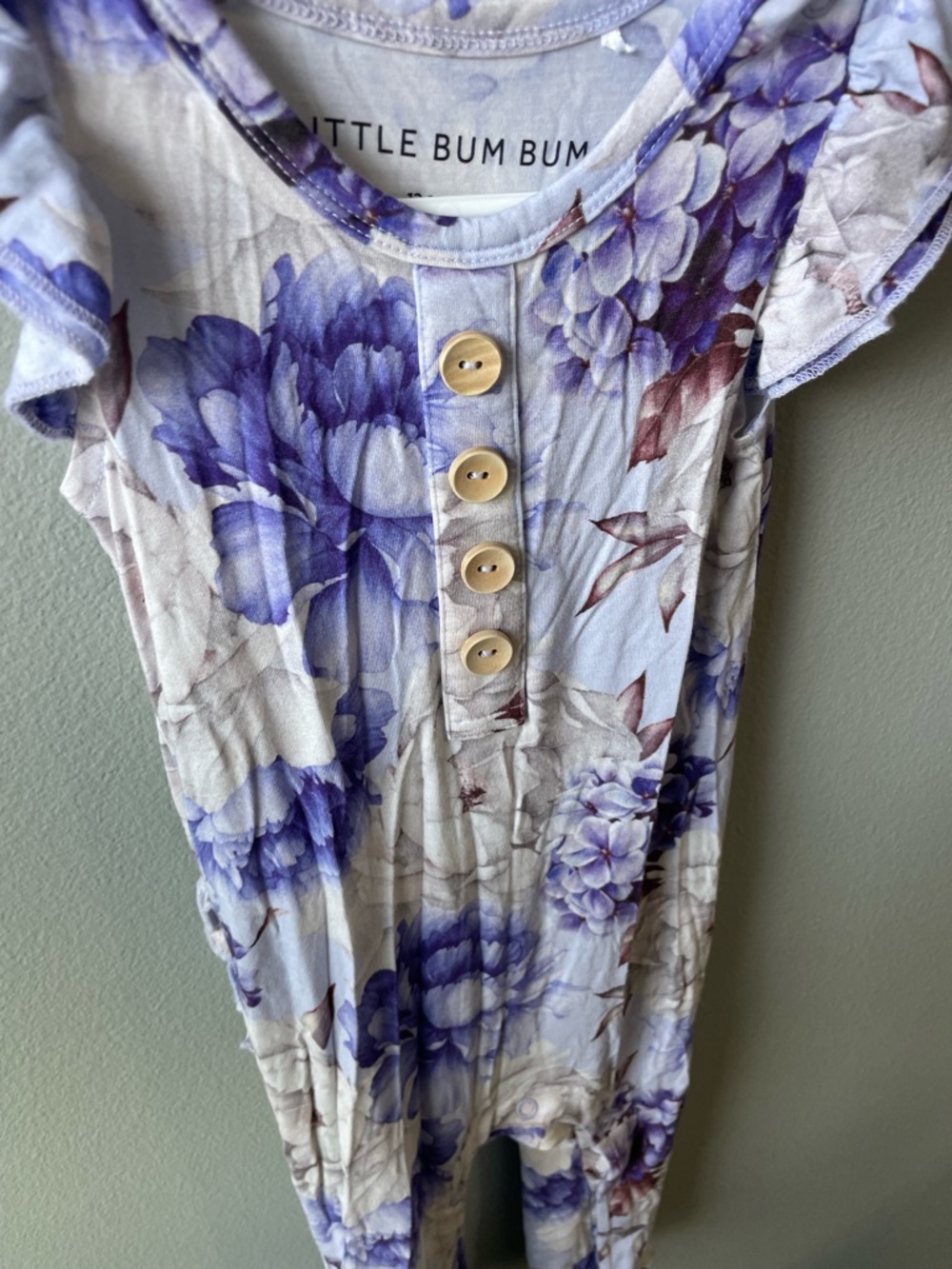 Little Bum Bums Purple Floral Bamboo Jumpsuit Romper with Flutter Sleeves - Picture 2 of 5